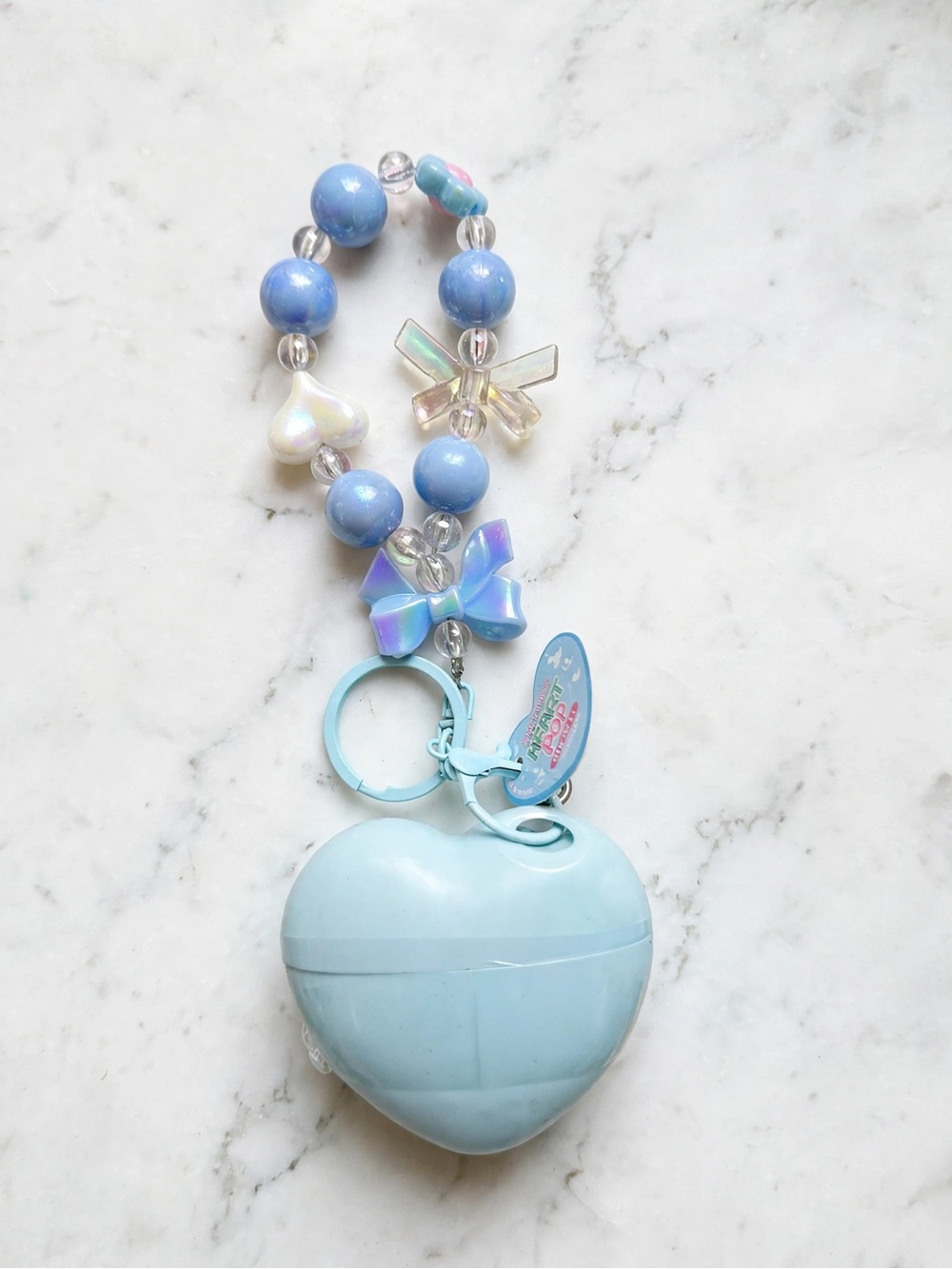Light Blue Heart Keychain Pouch with Beaded Charm - Kids Accessory